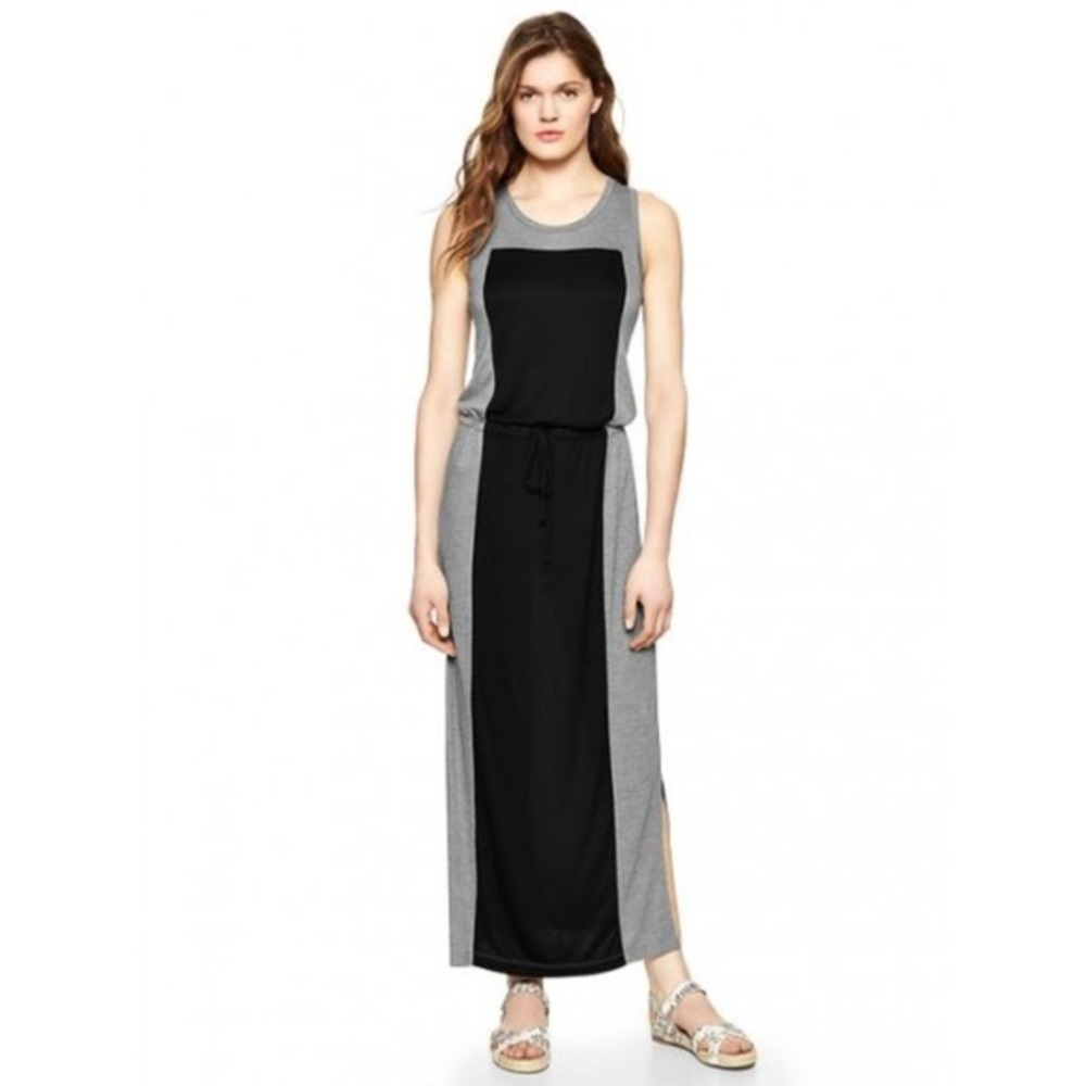 Gap Petite Colorblock Sleeveless Maxi Dress Tie Waistband Gray Black Small